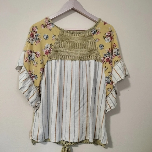 Hummingbird Sz Med Short Sleeves Boho Mix Pattern Tie Waist Top Flutter Sleeves - Picture 5 of 7